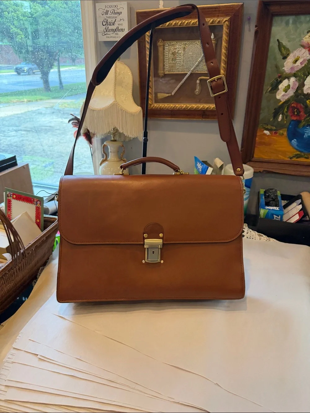 Schlesinger Tan Leather Briefcase with Adjustable Shoulder Strap Brass hardware